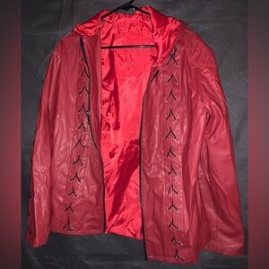 Red Hooded Zip-Up Pleather Jacket